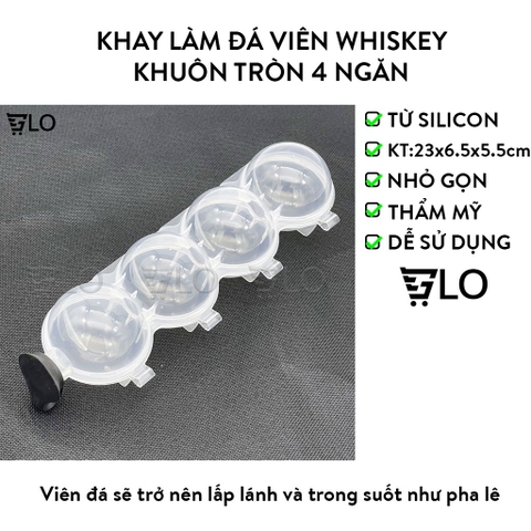 Khay Làm Đá Viên Whiskey Khuôn Tròn 4 Ngăn Tạo Hình Quả Cầu Pha Lê Đẹp Mắt
