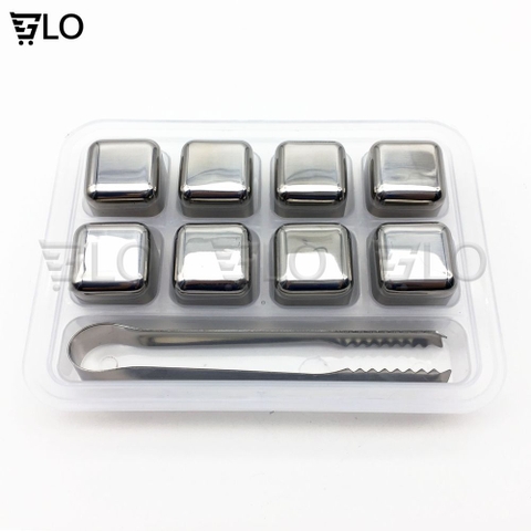 Hộp 8 Viên Đá Lạnh Inox Hình Vuông Không Tan Cooling Cubes Kèm 1 Gắp