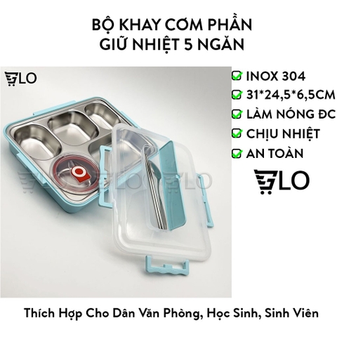 Bộ Khay Cơm Phần Giữ Nhiệt 5 Ngăn Inox 304 Kèm Bộ Thìa Đũa Inox