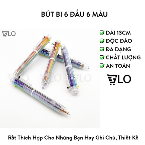 Bút Bi Đầu Tròn 6 Đầu 6 Màu Độc Đáo Tiện Dụng, Có Màu Đen, Đỏ, Xanh, Xanh Lá, Tím, Cam - Nhỏ Gọn, Đa Năng, Sáng Tạo