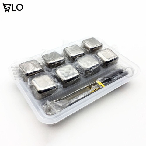 Hộp 8 Viên Đá Lạnh Inox Hình Vuông Không Tan Cooling Cubes Kèm 1 Gắp