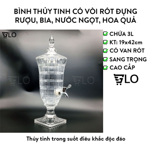 [Hỏa Tốc HCM] Bình Thủy Tinh 3 Lít Có Vòi Rót Đựng Rượu, Tháp Bia, Nước Ngọt, Hoa Quả