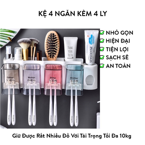 Kệ 4 Ngăn Kèm 4 Ly Đựng Kem Đánh Răng, Bản Chải, Kèm Bộ Nhả Kem Đánh Răng