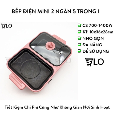 [Hỏa Tốc HCM] Bếp Điện Mini 2 Ngăn, Nồi Lẩu Nướng, Đế Chống Dính, Công Dụng 5 Trong 1