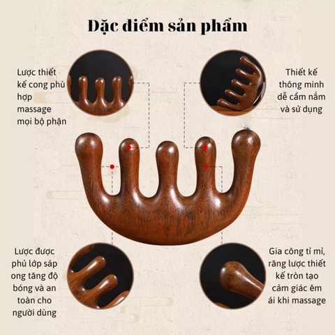 Lược Gỗ Đàn Hương Massage Đầu Cổ Vai Gáy, Kích Thích Tuần Hoàn Máu