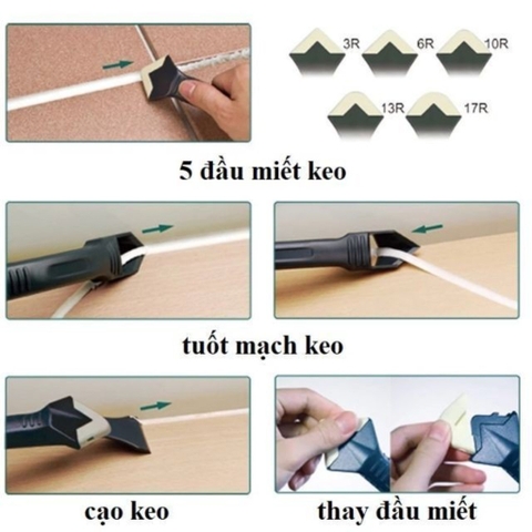 Bộ Dụng Cụ Miết Keo Silicon Kèm 5 Đầu Miết, Chà Ron Gạch, Cạo Cắt Keo Silicone Cửa Kính