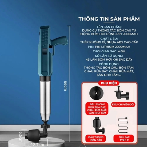 Súng Thông Tắc Bồn Cầu Pin Tự Động Bơm, Dụng Cụ Thông Cống, Bồn Rửa Mặt, Bồn Rửa Chén Áp Suất Nén Tới 8kg Tiện Lợi