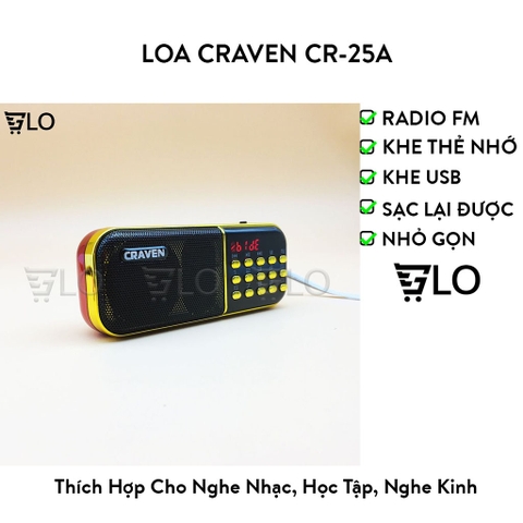 Loa Craven CR-25A, Kèm 1 Pin Sạc, Nghe Thẻ Nhớ, USB, FM Radio