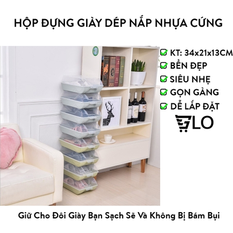 Hộp Đựng Giày Dép Nắp Nhựa Cứng Trong Suốt Có Nắp Đậy Thoáng Khí, Size lớn Chịu Lực 4kg Kích Thước 34 x 21 x 13