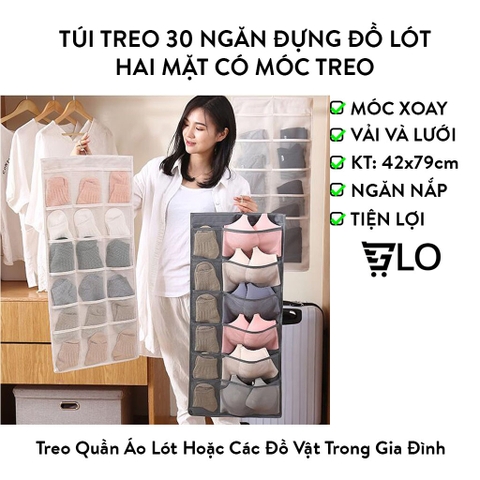 Túi Treo 30 Ngăn (Ô) Đựng Đồ Lót, Quần Áo Lót, Tất Vớ, Đồ Dùng 2 Mặt Có Móc Treo
