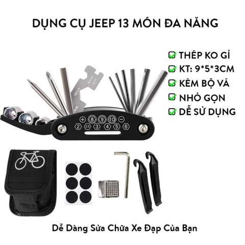 Dụng Cụ Jeep 13 Món Đa Năng Gồm Cờ Lê, Lục Giác, Tua Vít, Sửa Chữa Vá Lốp Xe Đạp