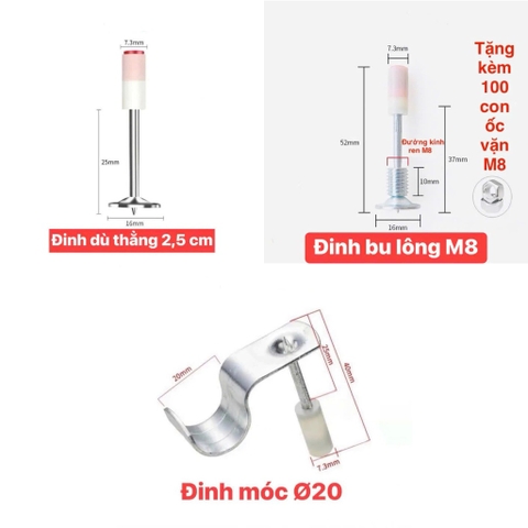 Gói 100 Đinh Hạt Nổ 7.3mm Các Loại Đinh Thẳng, Ren M8, Móc, Cho Súng Bắn Đinh, Máy Bắn Đinh Bê Tông