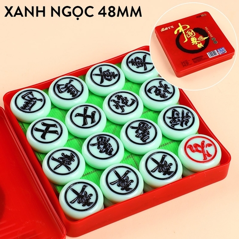 Cờ Tướng Cao Cấp Giả Ngọc Trắng Xanh Nhựa Melamin Nguyên Khối Kèm Bàn Cờ Da PU Size 38-48mm