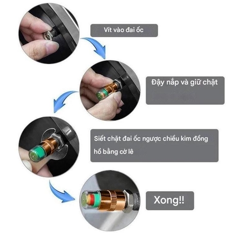 Bộ 4 Van Cảnh Báo Áp Suất Lốp Lõi Đồng Xe Máy, Ô Tô, Theo Dõi Áp Suất Bánh Xe Với 3 Màu Kèm Con Tán Và Cờ Lê Lắp Ráp