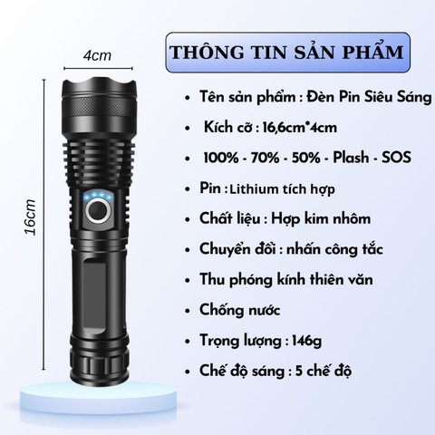 Đèn Pin Siêu Sáng Dùng Chip Led XHP50 Dùng Pin 26650 Dung Lượng Cao, Có Led Báo Dung Lượng Đèn Cầm Tay Cao Cấp