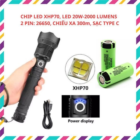 Đèn Pin Siêu Sáng Dùng Chip Led XHP70 Dùng 2 Pin 26650 Dung Lượng Cao, Có Led Báo Dung Lượng, Chống Thấm Nước Có Zoom