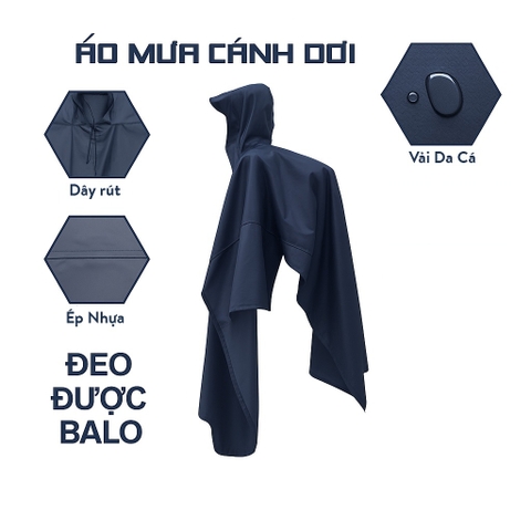 Áo Mưa Cánh Dơi Xẻ Tà Vải Dù Da Cá, Áo Mưa Choàng Dày Dặn Không Thấm Nước