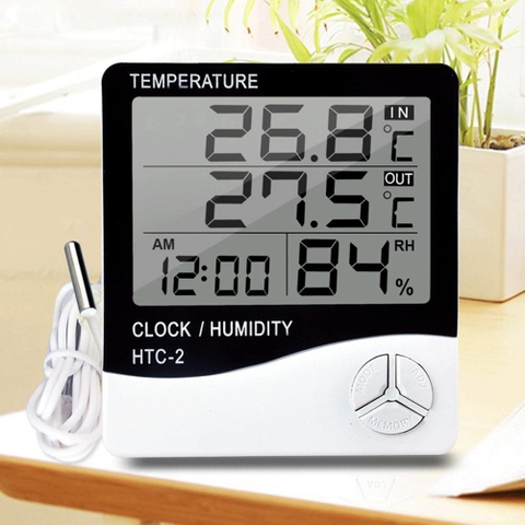Nhiệt Ẩm Kế HTC-1/HTC-2, Máy Đo Nhiệt Độ, Độ Ẩm, Kiêm Đồng Hồ Báo Thức, Lịch Để Bàn Màn Hình LCD Có Kèm Pin