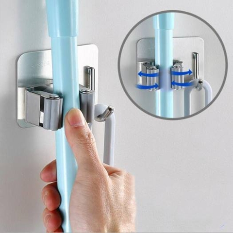 Móc Kẹp Inox Treo Chổi, Cây Lau Nhà Đa Năng Chịu Lực Đến 15kg, Không Cần Khoan, Có Keo Dán Kèm Theo