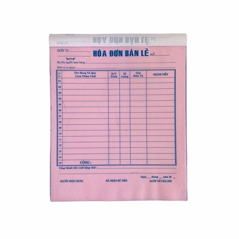 Hóa đơn bán lẻ NY 16x20cm 2 liên 50 bộ A5 (10/120)