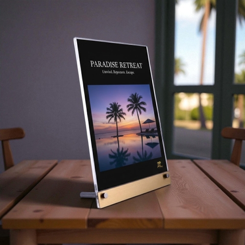 Kệ mica 1 mặt Enter E48 150x210mm liên kết bulon A5 đứng, Kệ menu nhà hàng, Standee mica để bàn, Bảng quét mã QR Code