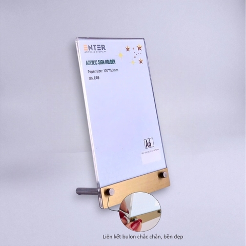 Kệ mica 1 mặt Enter E47 210x300mm liên kết bulon A4 đứng, Kệ menu nhà hàng, Standee mica để bàn, Bảng quét mã QR Code