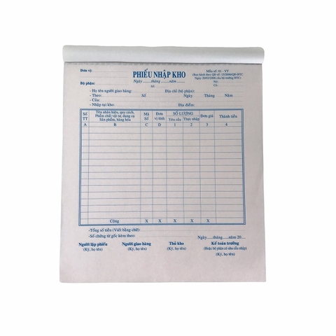 Phiếu nhập kho NY 20x25cm 3 liên 50 bộ không đế A4 (5/40)