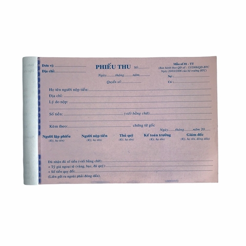 Phiếu thu NY 13x20cm 3 liên 50 bộ không đế (5/100)