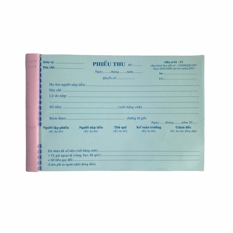 Phiếu thu NY 13x20cm 3 liên 50 bộ không đế (5/100)