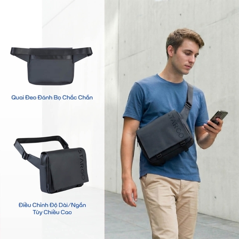 Túi đeo chéo STARGO Borsa - Siêu nhẹ, nắp đậy khóa bấm, nhiều ngăn, dây kéo đôi, vải trượt nước, hiện đại