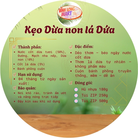 Kẹo Dừa Non Lá Dứa Bến Tre – Dẻo Thơm, Béo Ngậy, Ít Ngọt