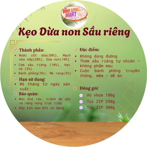 Kẹo Dừa non Sầu riêng - Không dùng đường trong sản xuất- Thơm, Béo