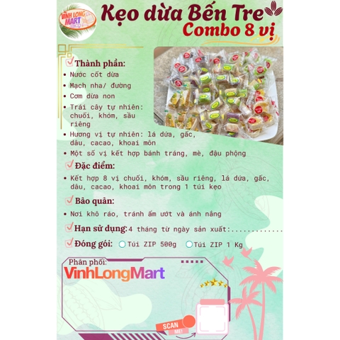 Kẹo Dừa Bến Tre Combo 8 Vị – Dẻo Thơm, Béo Ngọt Tự Nhiên