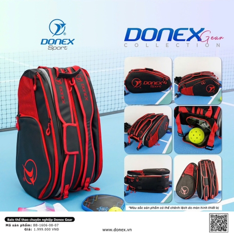 BALO VỢT THỂ THAO 3 NGĂN THÁO RỜI DONEX GEAR BB-1606 ĐEN PHỐI ĐỎ