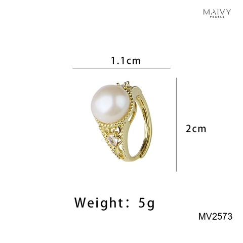 MV2573 - Nhẫn bạc 925 mạ vàng 18k nhấn viên ngọc trai ngọt sz 10mm freesize