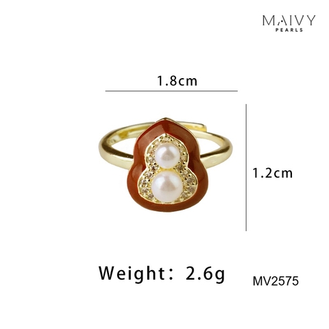 MV2575- Nhẫn mặt lá bồ đề nhấn 2 viên trai trắng sz 5mm