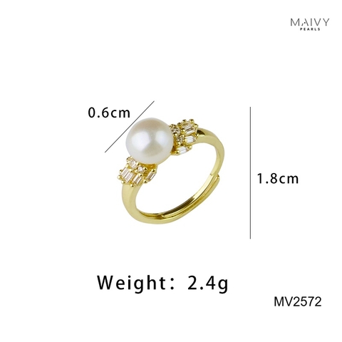MV2572 - Nhẫn bạc 925 mạ vàng 18k nhấn viên ngọc trai tròn trắng đính đá xung quanh