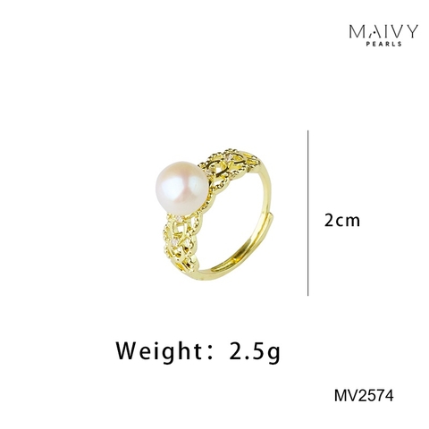 MV2574 - Nhẫn bạc 925 mạ vàng 18k nhấn ngọc trai ngọt màu trắng size 7mm