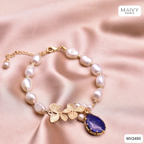 MV2493- Lắc tay ngọc trai trắng mix charm hoa lan bạc 925 mạ vàng 18k và đá tím