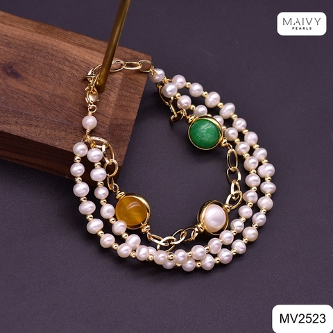 MV2523 - Lắc tay ngọc trai trắng 3 sợi mix đá tự nhiên 4 màu phong thủy