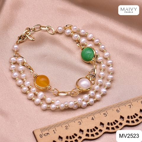 MV2523 - Lắc tay ngọc trai trắng 3 sợi mix đá tự nhiên 4 màu phong thủy