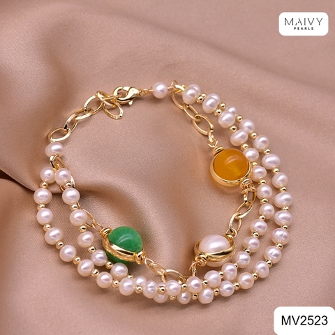 MV2523 - Lắc tay ngọc trai trắng 3 sợi mix đá tự nhiên 4 màu phong thủy