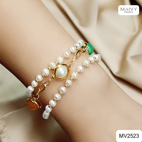 MV2523 - Lắc tay ngọc trai trắng 3 sợi mix đá tự nhiên 4 màu phong thủy