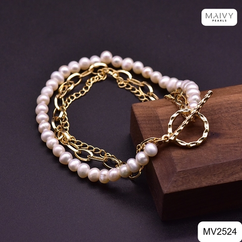 MV2524 - Lắc tay ngọc trai 3 sợi gồm 2 sợi ngọc trai trắng mix sợi phụ kiện bạc 925 mạ vàng 18k