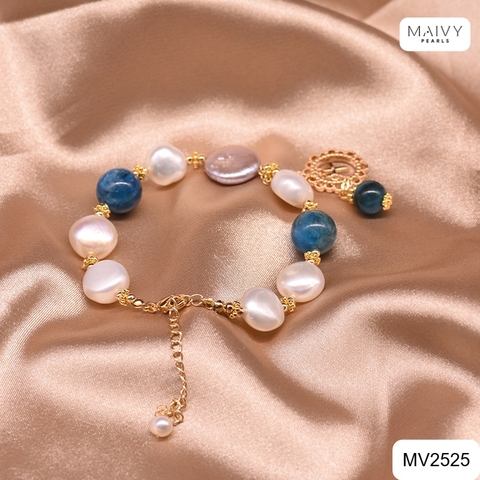 MV2525 - Lắc tay ngọc trai trắng mix đá xanh