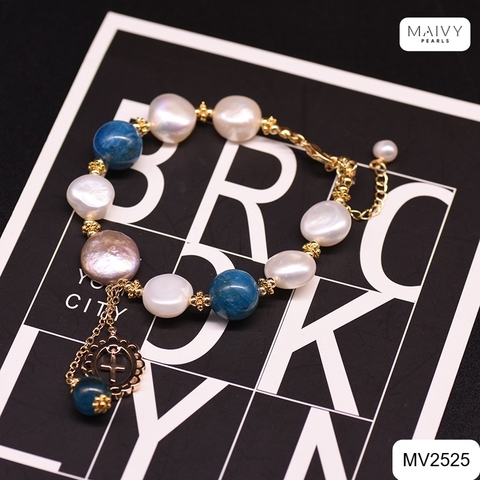 MV2525 - Lắc tay ngọc trai trắng mix đá xanh