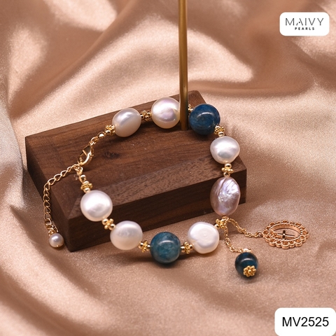 MV2525 - Lắc tay ngọc trai trắng mix đá xanh