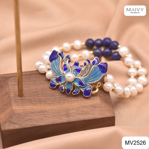 MV2526 - Lắc tay đôi ngọc trai trắng nhấn đá xanh mặt charm hoa sen