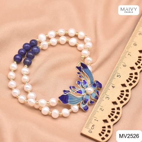 MV2526 - Lắc tay đôi ngọc trai trắng nhấn đá xanh mặt charm hoa sen