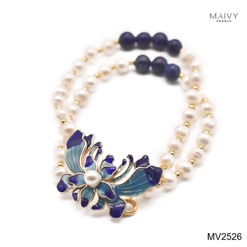 MV2526 - Lắc tay đôi ngọc trai trắng nhấn đá xanh mặt charm hoa sen